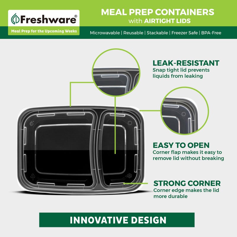 Freshware Meal Prep Containers [15 Pack] 2 Compartment with Lids, Food Storage Containers, Bento Box, BPA Free, Stackable, Microwave/Dishwasher/Freezer Safe (28 oz), Black - Image 5
